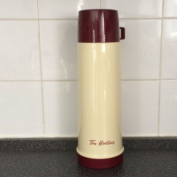 VTG Tim Hortons Thermos Cream Maroon Red Cup 13.5 " Tall Logo Print 32 oz - Picture 1 of 11